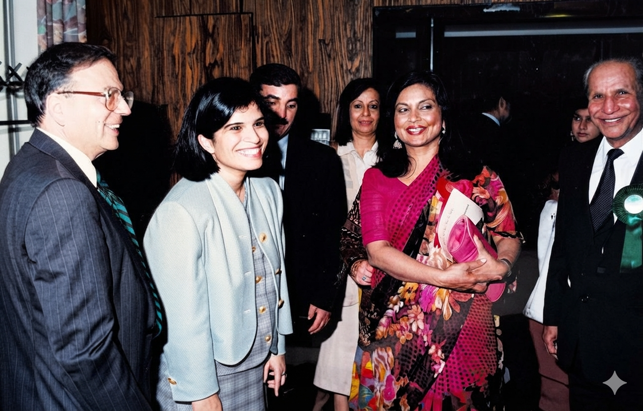 Guests in formal dress talking at an Academy reception.
