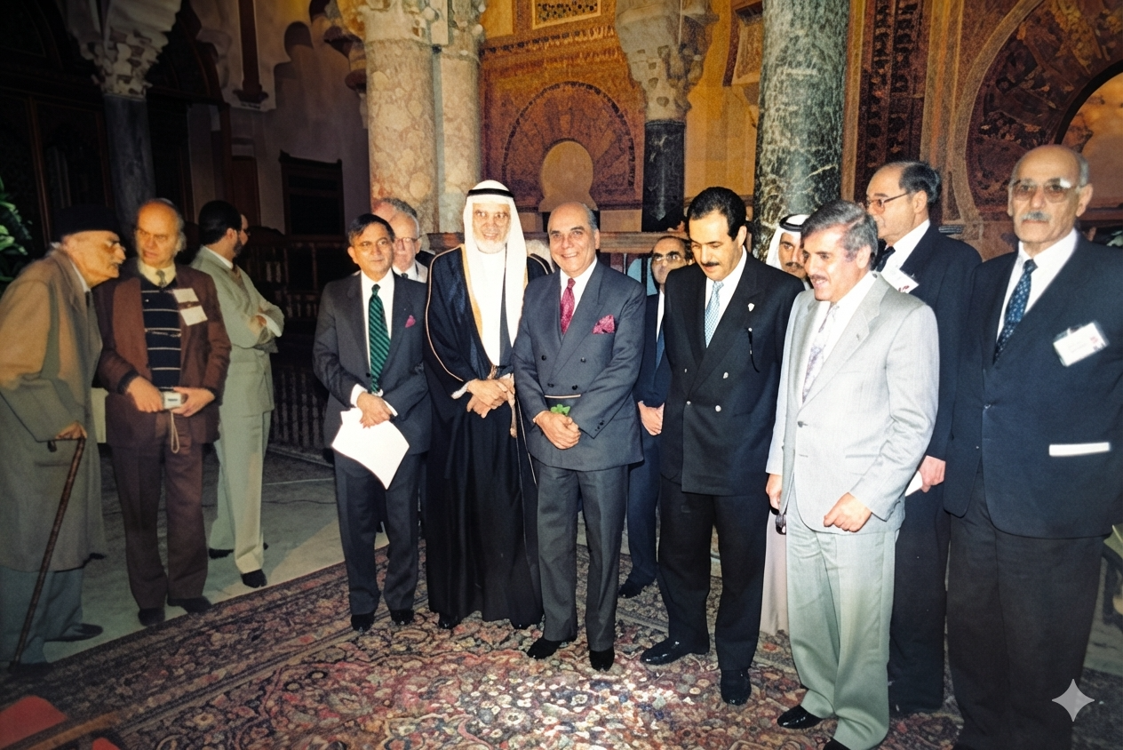 Academy delegates standing inside a historic Islamic interior with mosaic arches, taken during the Cordoba conference.