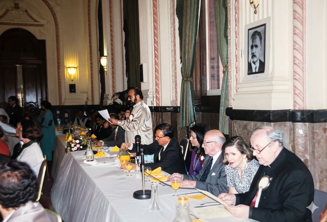 An address from the head table at an Academy banquet in a formal hall.